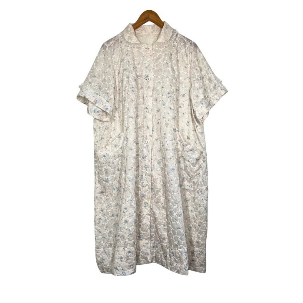 Vintage 70s Duster Robe Cream Blue Floral Umbrella Lace Trim Housecoat L XL